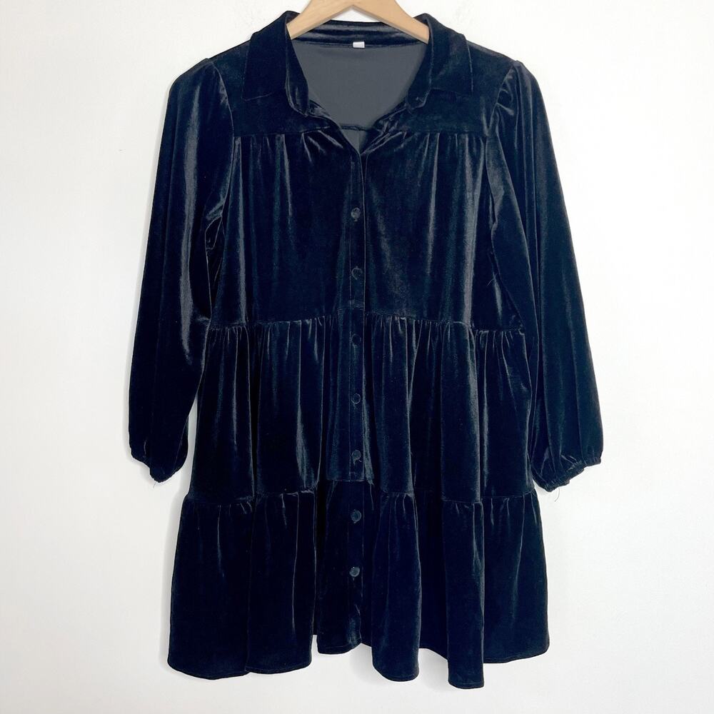 Black Velvet Tiered Ruffle Tunic Dress Womens Small Whimsigoth Witchy‎ Fairy